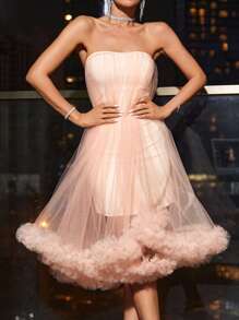 SHEIN Cottnline Fuzzy Trim Mesh Overlay Tube Dress - Pink - View 4