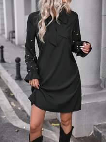 SHEIN LUNE 珍珠串珠繫帶領喇叭袖洋裝 - 黑色 - 查看 6