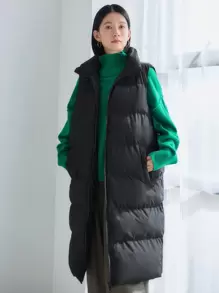 FRIFUL 1 pieza Chaleco acolchado con cremallera de unicolor para invierno - Negro - Ver 1