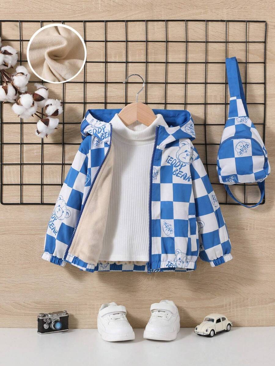 SHEIN Đứa bé trai Kiểm tra máy & Đồ họa Chữ cái áo có mũ Nhiệt Áo khoác Without Tee - Nhiều màu - Xem 1