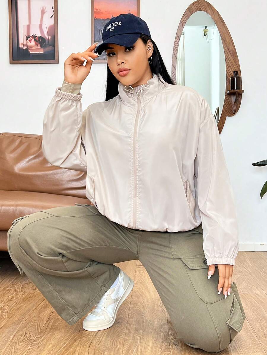 SHEIN EZwear Hơn Viền kéo ra Thả vai Dây kéo Áo khoác - Màu be - Xem 1