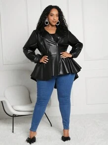 SHEIN CURVE+ Kích thước lớn Vòng cổ Da giả Áo khoác - màu đen - Xem 4