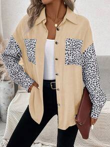 SHEIN LUNE Leopard Print Drop Shoulder Pocket Patched Shirt - Apricot - View 4