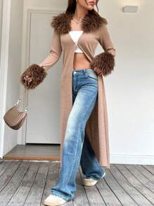 SHEIN EZwear Fuzzy Cuff Longline Coat - بني - مشاهدة 2