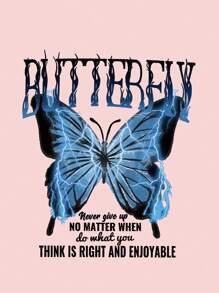 SHEIN EZwear Slogan & Butterfly Print Kangaroo Pocket Drawstring Thermal Hoodie - Baby Pink - View 6