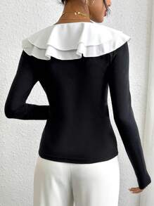 SHEIN Privé Two Tone Ruffle Trim Asymmetrical Hem Tee - Black and White - View 2