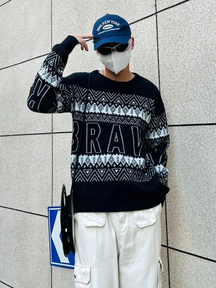 Men Letter & Geo Pattern Sweater
