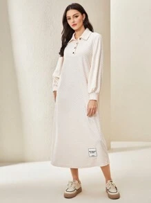 Mulvari 字母補丁細節Polo領落肩袖洋裝 - 杏色 - 查看 5