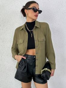 SHEIN Essnce Flap Pocket Drop Shoulder Coat - Army Green - View 4