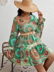 SHEIN VCAY Talla grande Vestido con estampado de mándala de manga con volante bajo con fruncido sin cinturón - Multicolor - Ver 3