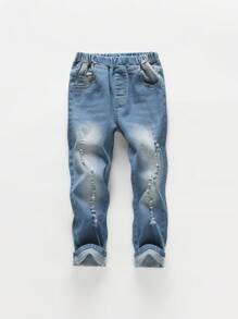 男孩彈性休閒破洞牛仔褲 - 中等水洗藍 - 查看 1