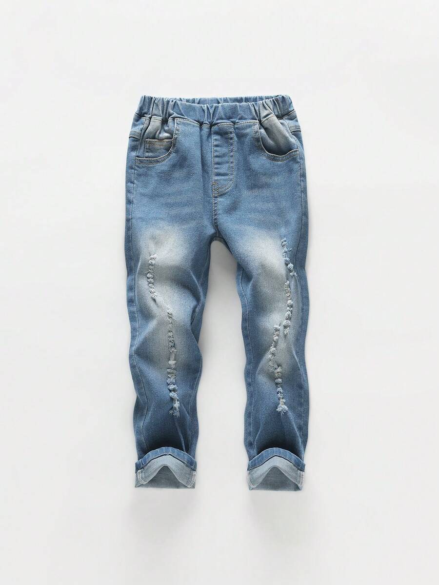 男孩彈性休閒破洞牛仔褲 - 中等水洗藍 - 查看 1