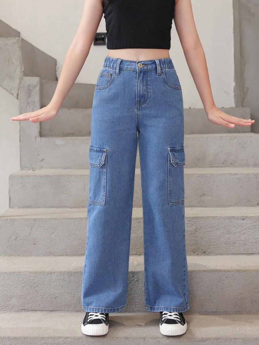 SHEIN Quần Jeans Jeans Ống Thẳng Giặt Thường Ngày Tiện Dụng Cho Bé Gái Tuổi Teen - Rửa tối - Xem 1