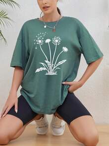 SHEIN Essnce Dandelion Printed Long T-shirt - Army Green - View 3