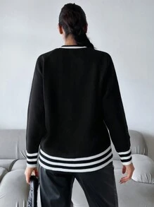 EURMUSE 條紋飾邊插肩袖按扣前開襟衫 - 黑色 - 查看 2