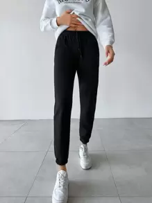 EURMUSE Solid Drawstring Waist Slant Pocket Sweatpants - Black - View 3