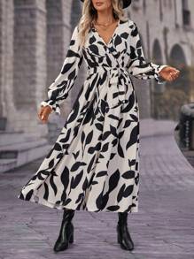 EMERY ROSE 滿版印花荷葉袖繫腰帶洋裝 - 彩色 - 查看 6