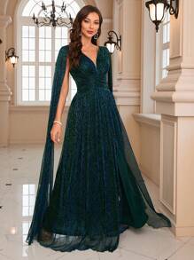 Cloak Sleeve Split Thigh Glitter Formal Dress Elegant Prom Evening Wedding Guest Gown, For Graduation, Dinner Party Dress, Bride Dress, Birthday Women Outfits