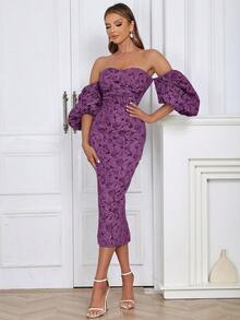 Off Shoulder Lantern Sleeve Split Back Bodycon Dress - Purple - View 7