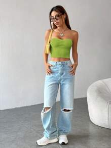 SHEIN EZwear Top unicolor crop tubo tejido de canalé