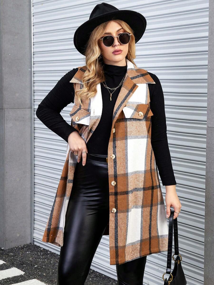 Calvaya Hơn In kẻ sọc Chi tiết về Flap Không tay Áo khoác - Màu Khaki - Xem 1