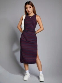 SHEIN EZwear 條紋印花高衩洋裝 - 紅色 - 查看 8