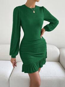 SHEIN Privé Solid Ruched Ruffle Hem Bodycon Dress - Green - View 5