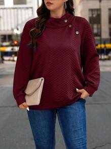 Calvaya 大碼紐扣細節插肩袖運動衫 - 酒紅色 - 查看 3