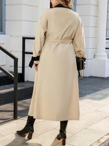 Calvaya Plus Contrast Collar Belted Trench Coat - Khaki - View 2