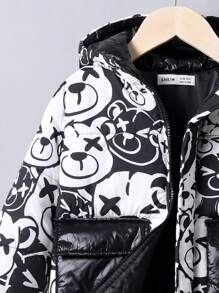 SHEIN 小男孩可愛黑白小熊印花寬鬆連帽外套撞色顯眼口袋適合秋冬 - 黑與白 - 查看 6