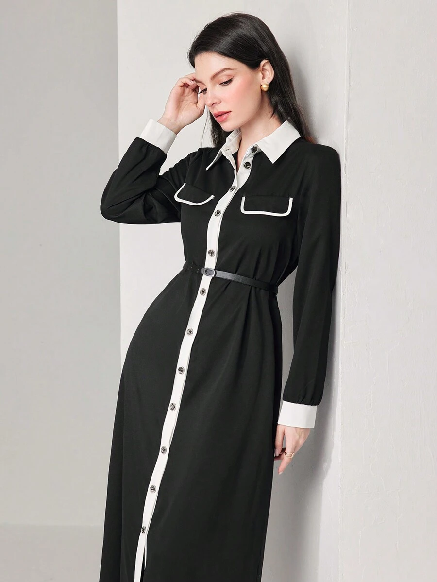 Seusyu Contrast Trim Flap Detail Belted Shirt Modest Long Sleeve Dress - Black - View 1