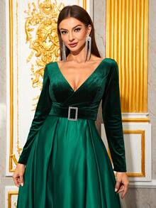 YISIKADO Surplice Neck Belted Formal Dress - Dark Green - View 5