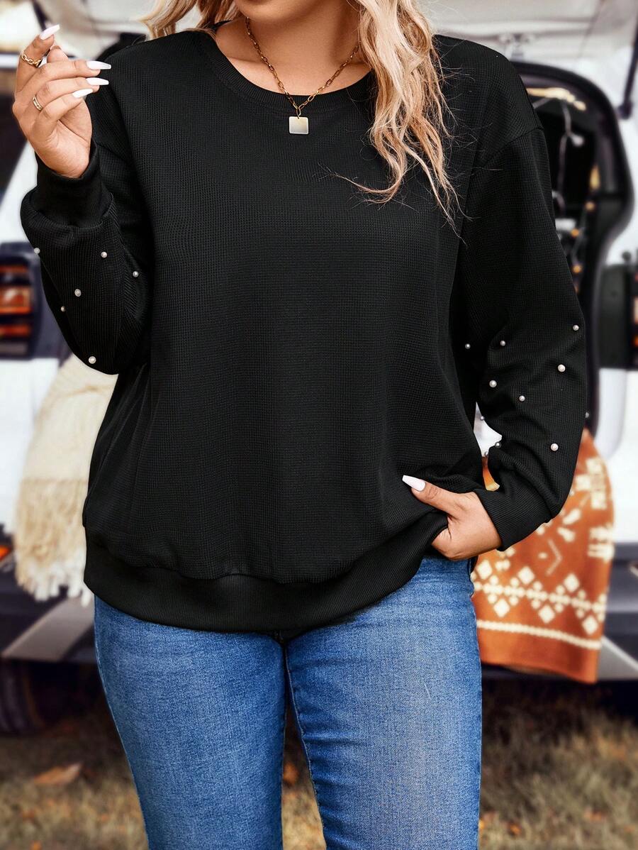 SHEIN LUNE Plus Pearls Beaded Drop Shoulder Sweatshirt - Black - View 1