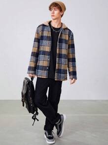 SHEIN Adolescent Garçon Manteau À Capuche À Carreaux - Multicolore - Voir 3