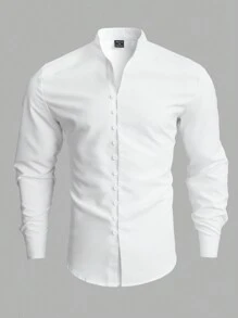 Manfinity Men's Loose Fit Solid Color Button Up Shirt , Slim Long Sleeve Plain All White Work - White - View 3