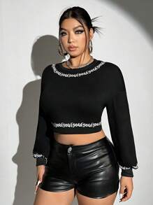 SHEIN ICON Plus Letter Graphic Crop Sweatshirt - Black - View 6