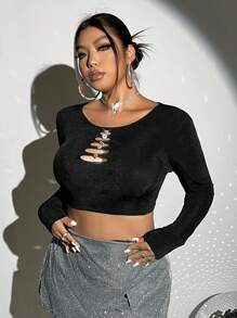 SHEIN ICON 大碼水鑽細節前鏤空短款T恤 - 黑色 - 查看 3