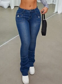 SHEIN ICON Flap Pocket Stacked Jeans - Dark Wash - View 4