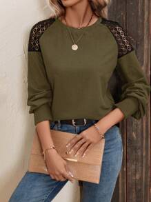 SHEIN LUNE Ren tương phản Tay Raglan Áo nỉ - xanh quân đội - Xem 5