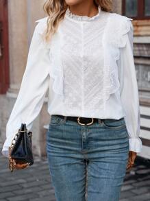 SHEIN Frenchy Ren tương phản Viền Ruffle tay áo lá sen Áo sơ mi - trắng - Xem 3