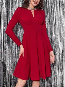 SHEIN Clasi Notched Neckline A-line Dress - Red - View 2