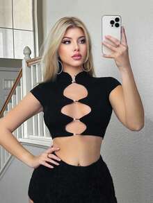 SHEIN ICON 前鏤空針織短上衣 - 黑色 - 查看 4