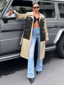 EURMUSE Two Tone Flap Pocket Belted Trench Coat - Beige - View 4