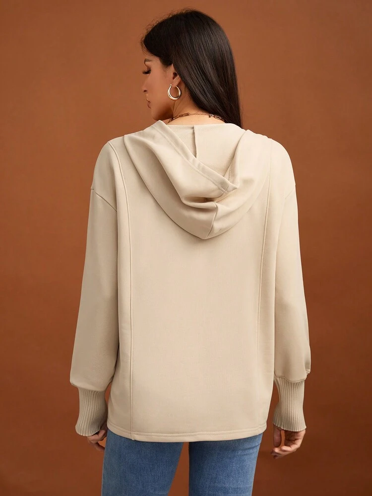 Half Button Drop Shoulder Hooded Sweatshirt