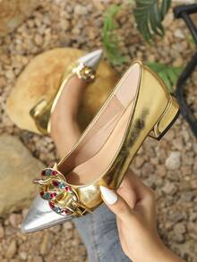 Women's Flat Pointed Toe Flats With Metallic Chain And Rhinestone Decoration - Multicolor - View 2