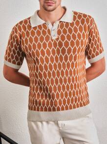 SHEIN Nam Họa tiết Toàn thân Cổ Polo Knit ngọn - Lạc đà - Xem 4