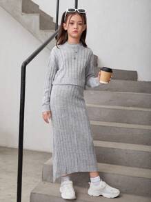 Cô gái Tween Cổ giả Thả vai Sweater & Knit Skirt - Xám - Xem 3