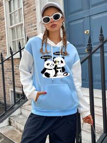 SHEIN EZwear Hình ảnh Panda & Chữ cái Túi kangaroo Thả vai Dây rút Lót nhiệt Hoodie - Màu xanh nhạt - Xem 3