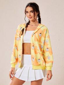 SHEIN EZwear 小熊圖案落肩袖拉鏈連帽衫 - 卡其色 - 查看 5