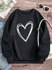 SHEIN LUNE 心形印花保暖内衬运动衫，春季上衣 - 黑色 - 查看 1